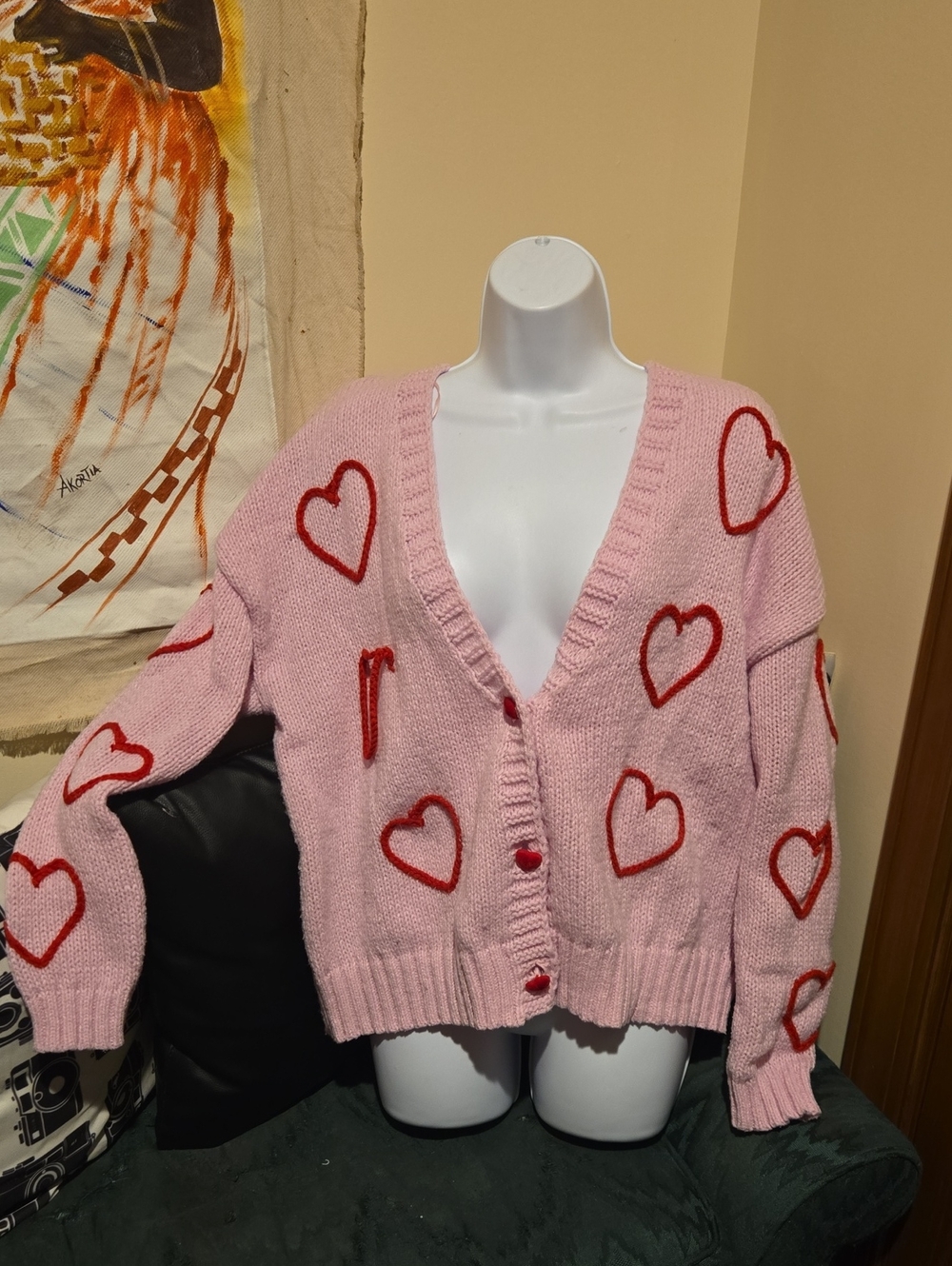 Pink Cardigan with Red Heart Accents